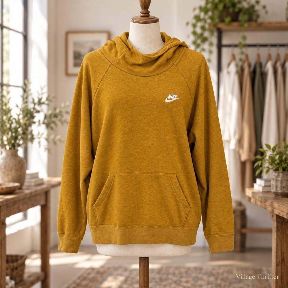 Nike Hoodie Women XXL Mustard Yellow Funnel Neck French Terry Sporty Fall Pocket